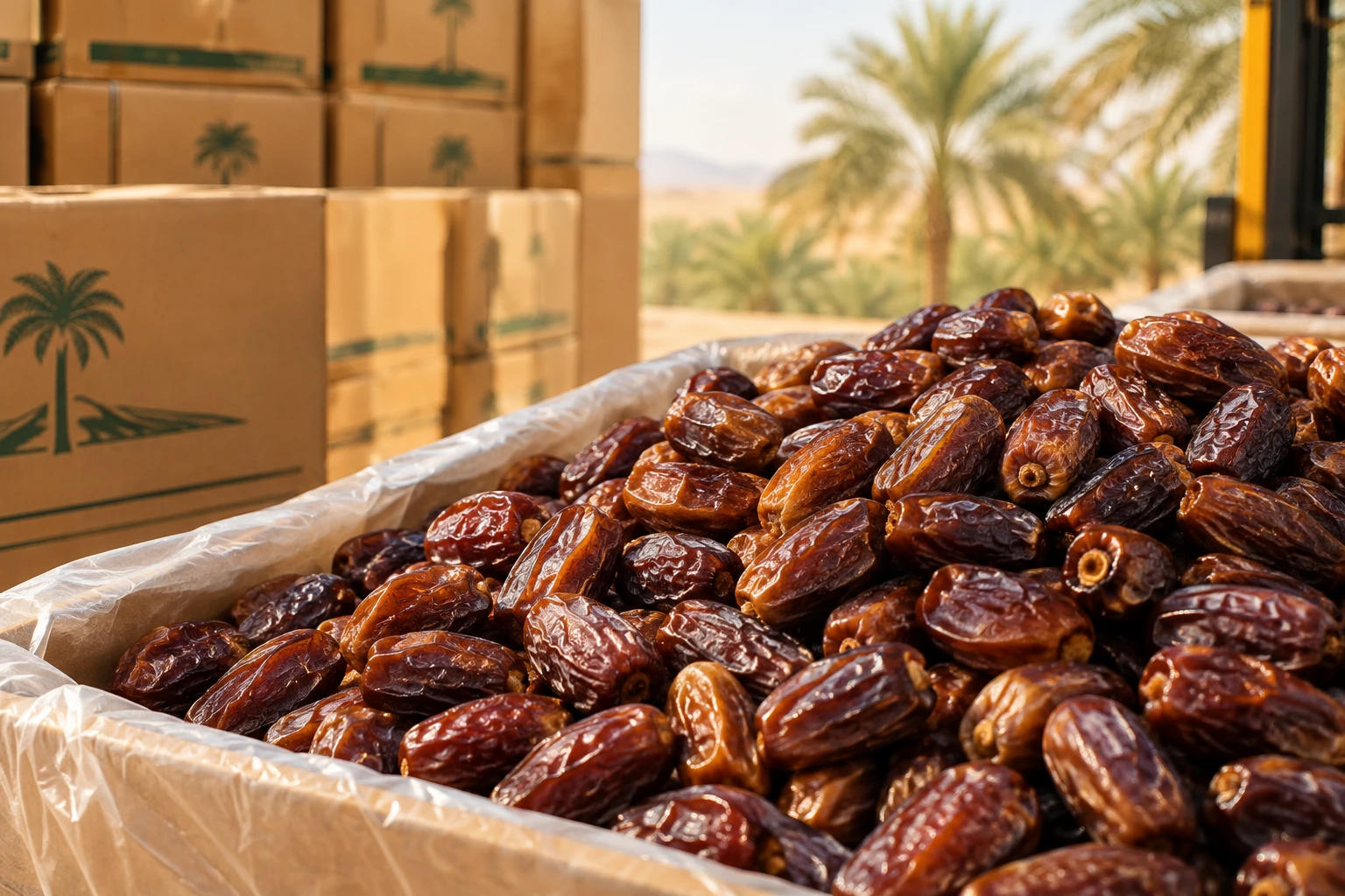 Arabian dates in bulk: a carton of whole dates lined with food-grade film beside stacked export cartons and date palms - buy dates in bulk from Kartago Dates