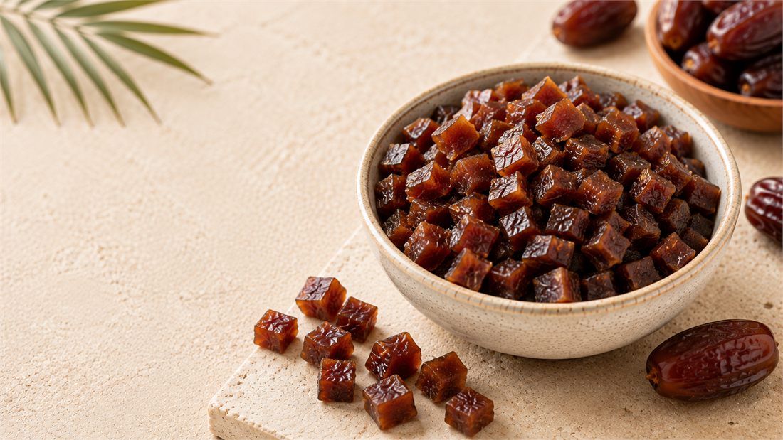 Bulk diced date cubes in a ceramic bowl with whole Deglet Noor dates — Kartago Dates wholesale supplier North America