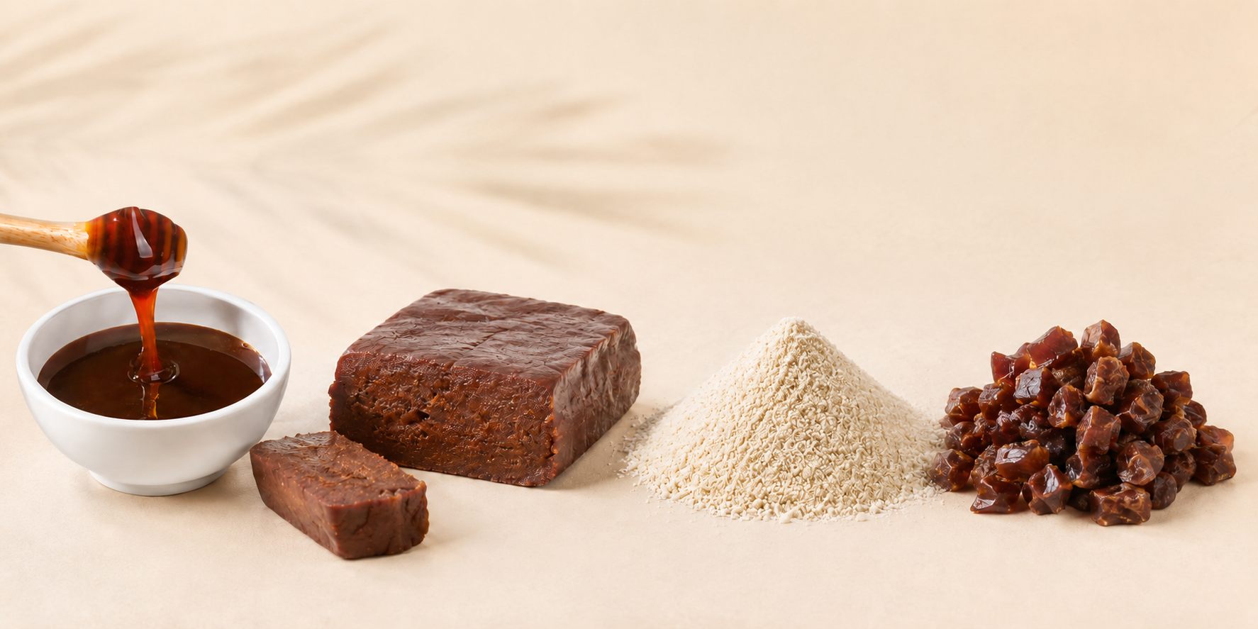 Date syrup poured from a spoon beside date paste, date powder and diced dates - bulk date ingredients from Kartago Dates