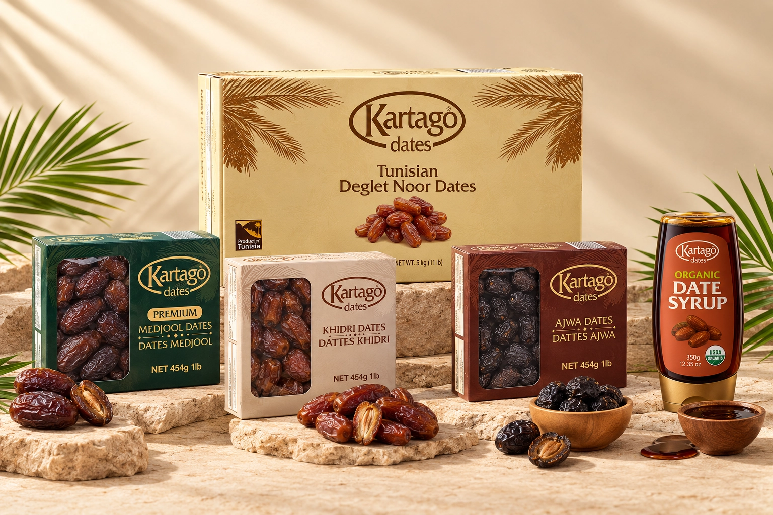 Kartago Dates range of Deglet Noor, Medjool, Khidri and Ajwa dates in cartons and retail packs, with organic date syrup