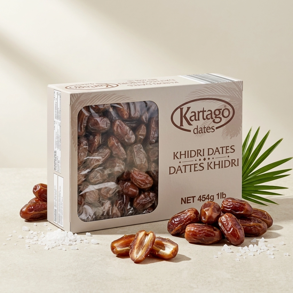 Wholesale Khidri dates — dark brown chewy bulk dates from Kartago Dates
